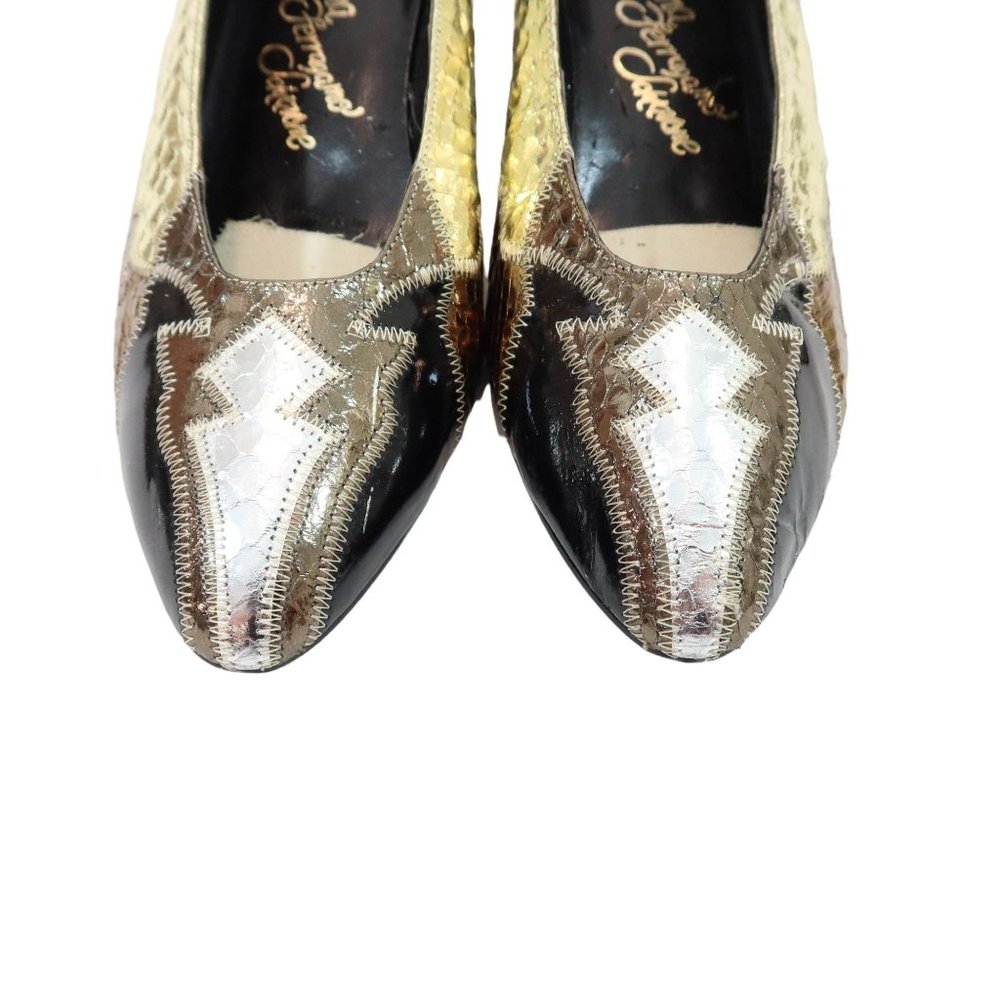 Vintage 60s 70s ROSINA FERRAGAMO SCHIAVONE 8M Snakes Skin Gold Silver Heels Shoe - Picture 5 of 11